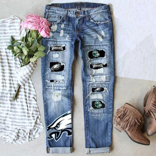 Women’s Game Day Ripped Straight Leg Jeans Casual Streetwear
