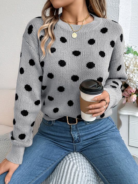 Women's Casual Contrasting Polka Dot Long-sleeved Pullover Sweater