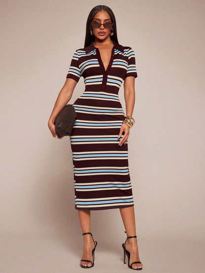 Polo Collar Stripe Bodycon Midi Dress Short Sleeve Casual