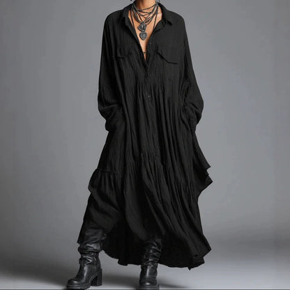 Oversized Pleated Maxi Shirt Dress Long Sleeve Vintage