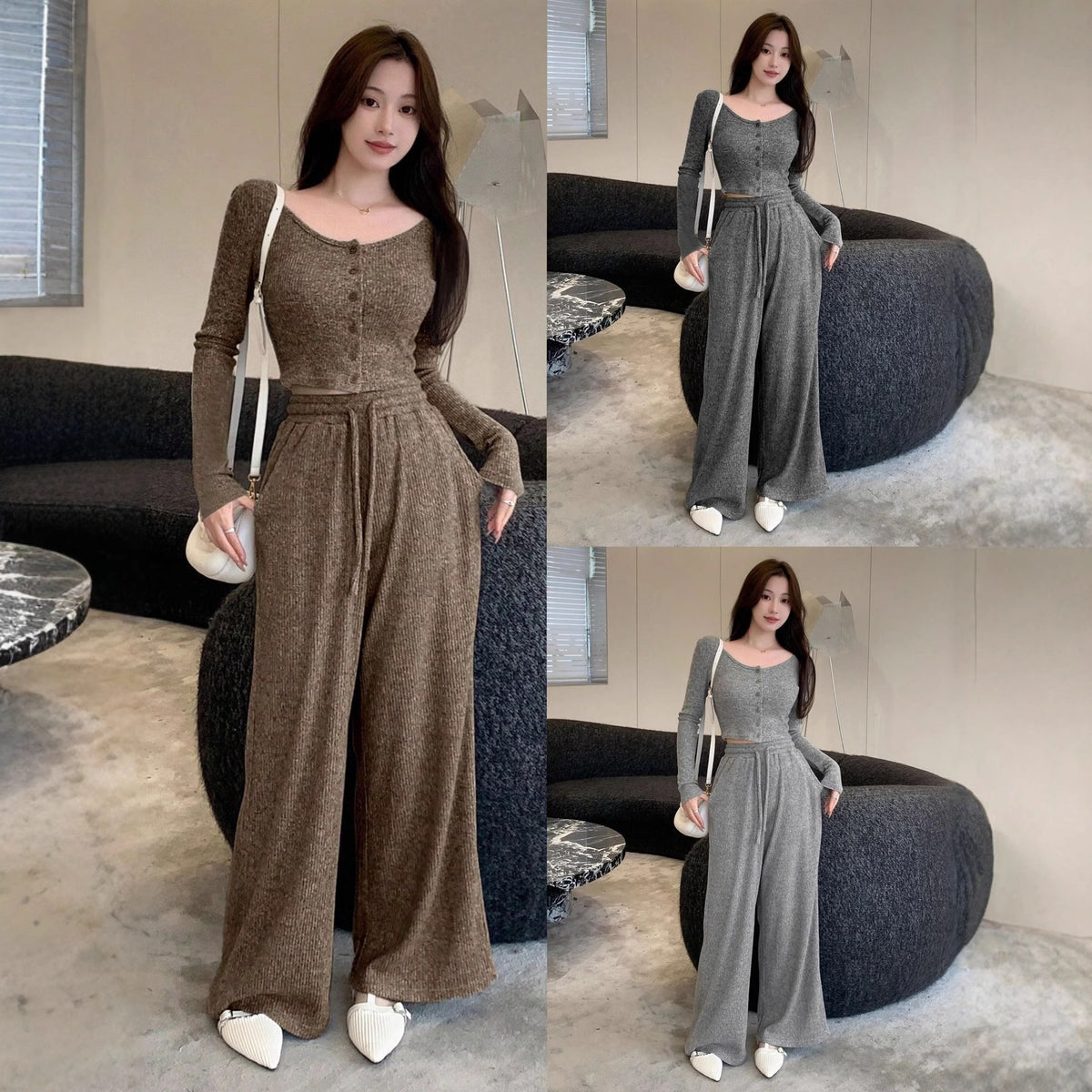 Women's Ribbed Two Piece Set Wide Leg High Waist Pants