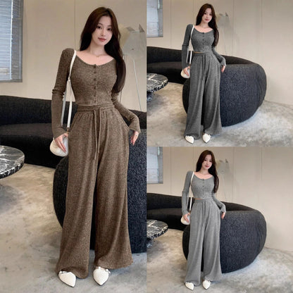 Women's Ribbed Two Piece Set Wide Leg High Waist Pants