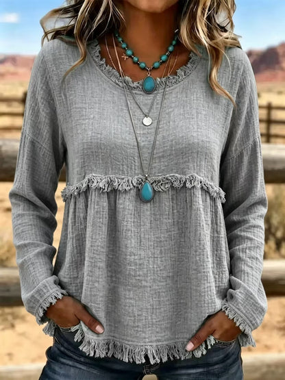 Boho Fringe Textured Long Sleeve Blouse