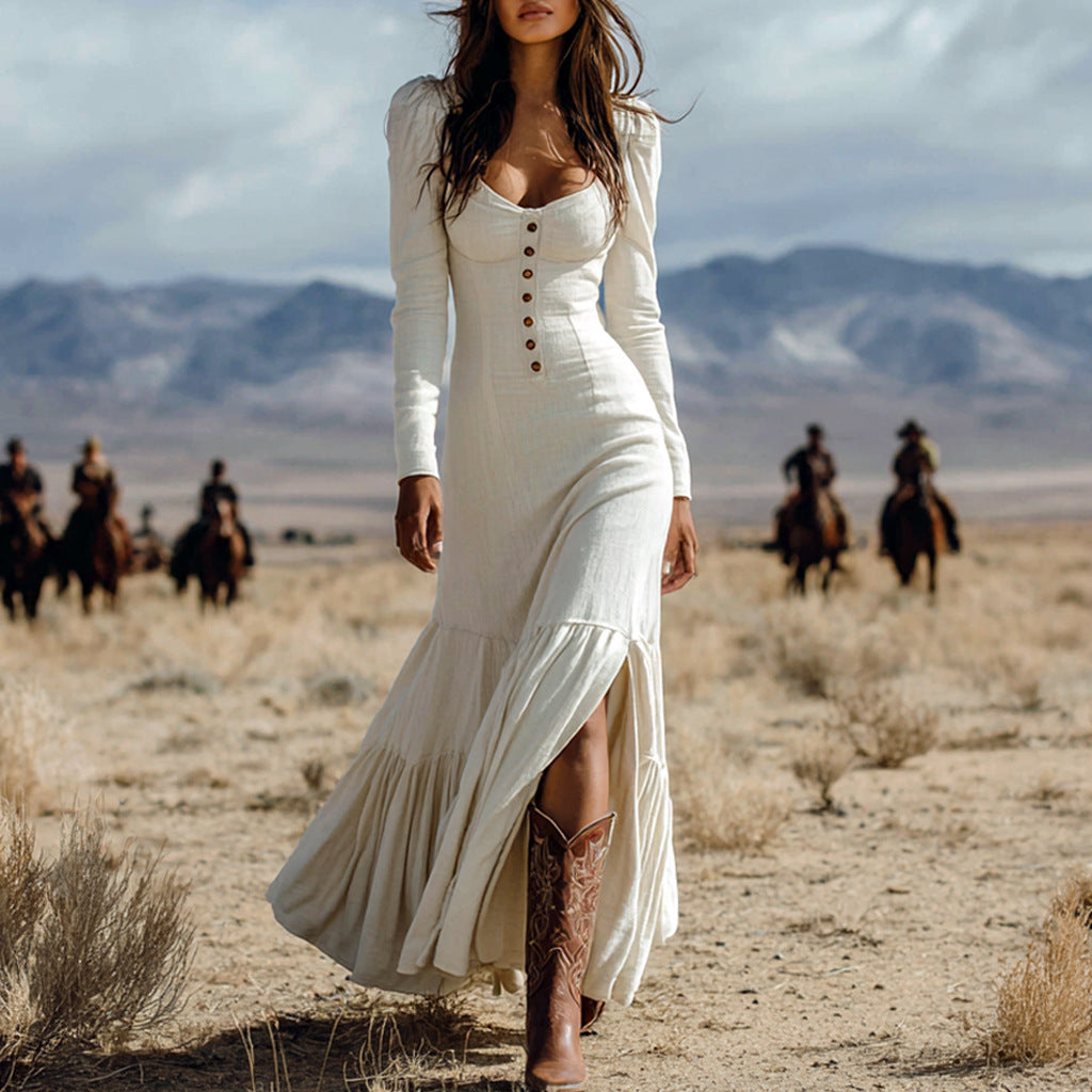 Vintage Western Button Front Puff Sleeve Maxi Dress
