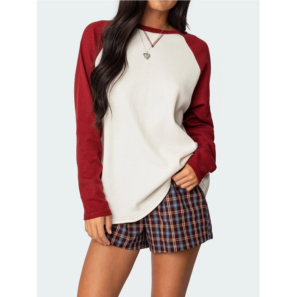 Color Block Waffle Knit Top Crew Neck Long Sleeve Tee