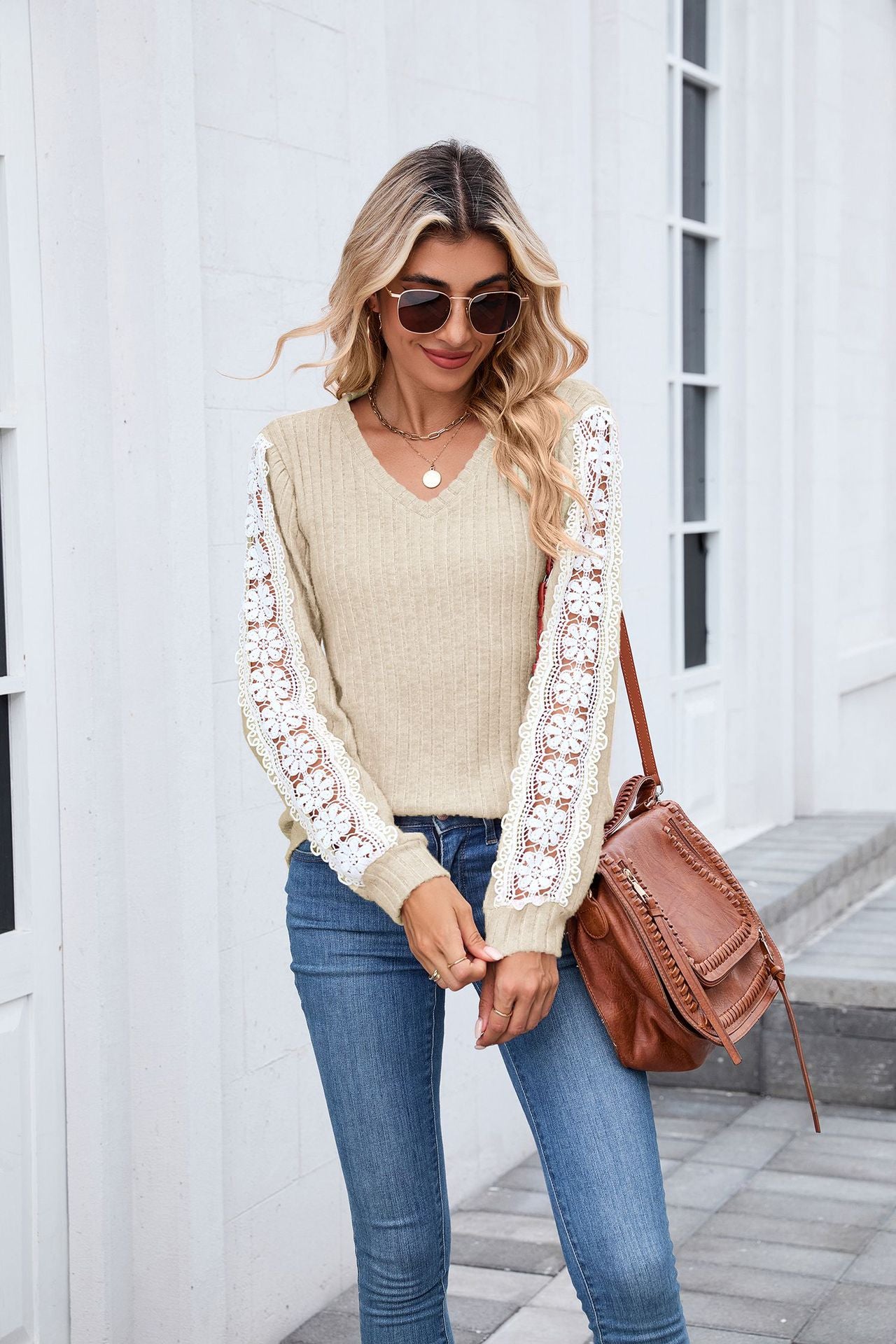 Women's V Neck Lace Long Sleeve Tunic Top