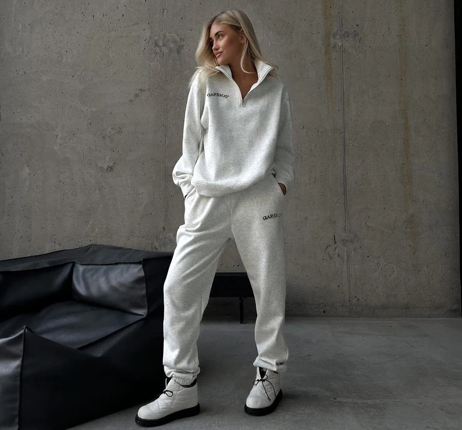 Women's Embroidered Quarter Zip Fleece Sweatsuit Set