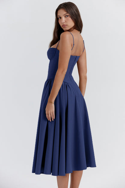 Elegant French Midi Dress Sleeveless Fit Flare Blue