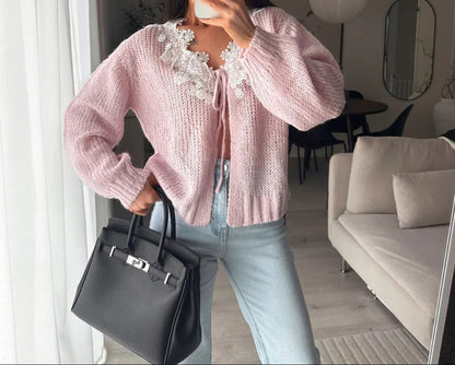 Women's Pink Lace Collar Tie Front Chunky Cardigan