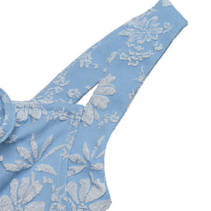 Blue Jacquard Square Neck Dress Sleeveless A-Line Mid-Length
