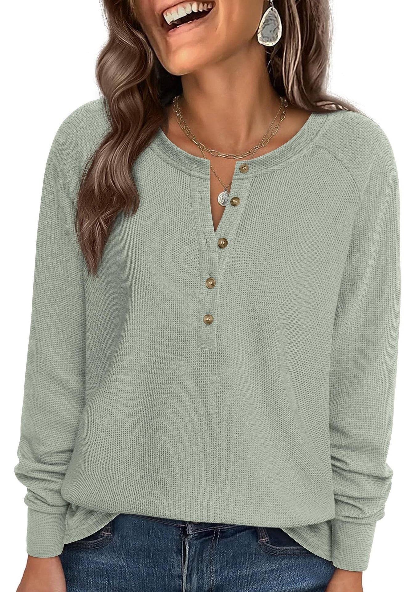 Waffle Knit Henley Top Button V Neck Long Sleeve Tee