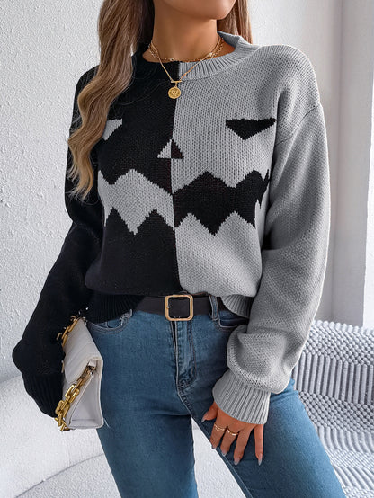 Ghost Pumpkin Colorblock Long Sleeve Sweater for Fall & Halloween