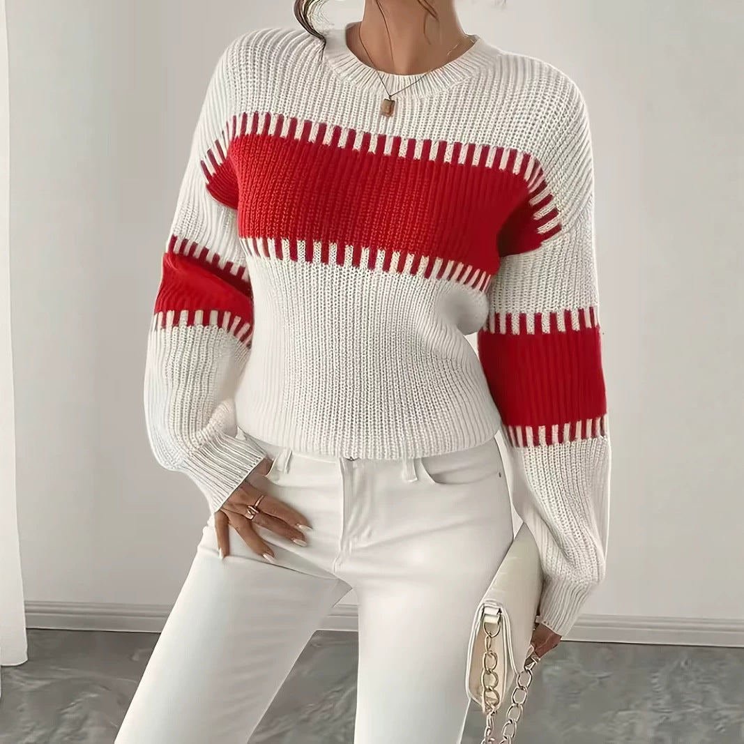 Women's Striped Crew Neck Oversized Knit Pullover Sweater