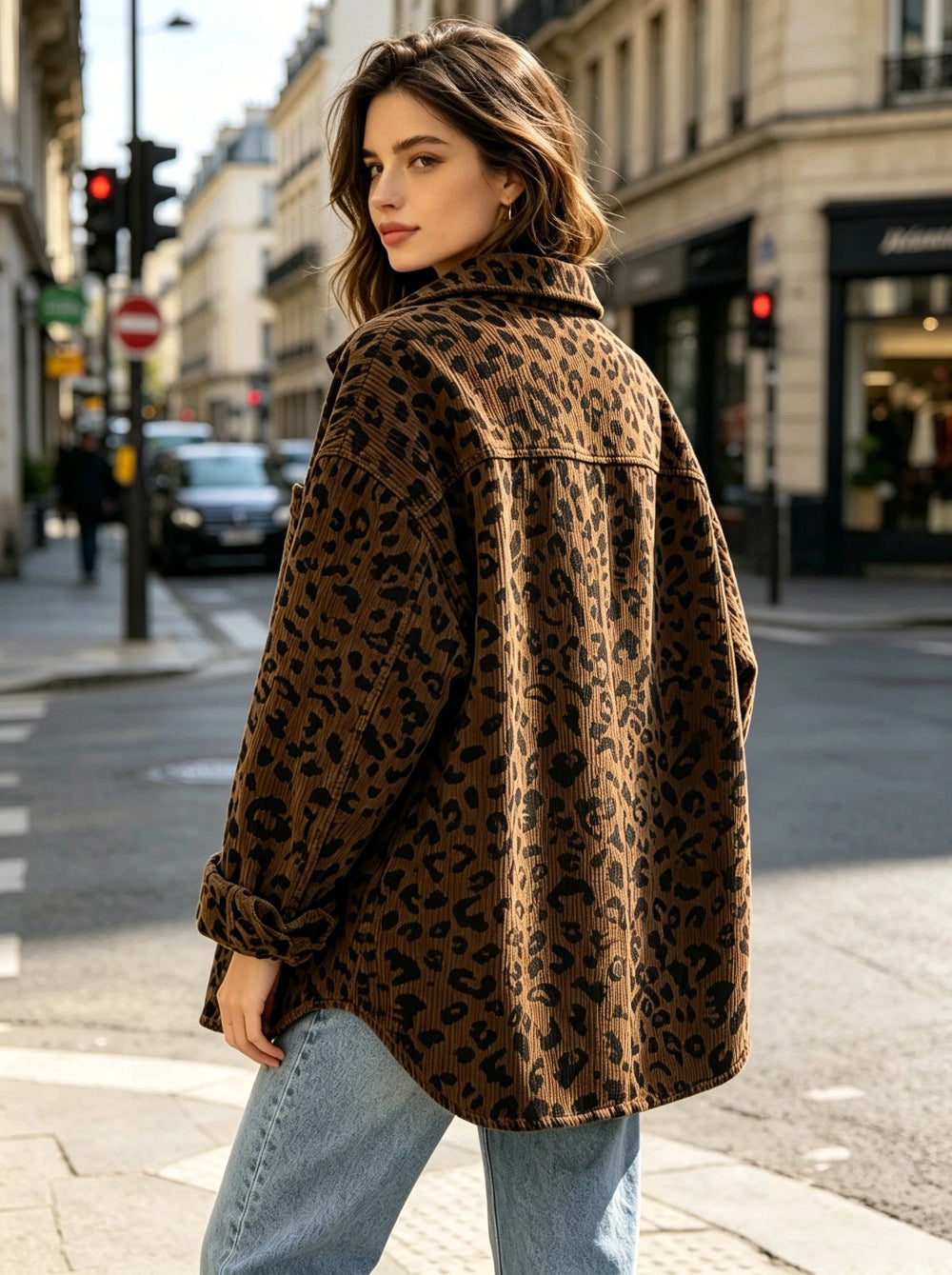 Leopard Print Corduroy Oversized Button Up Shirt