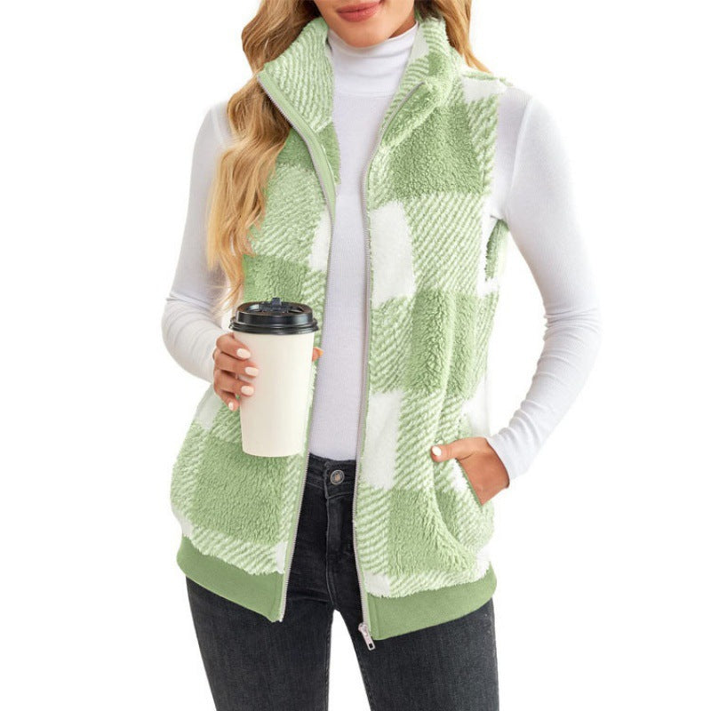 Womens Buffalo Plaid Sherpa Vest Zip Up Fleece Stand Collar