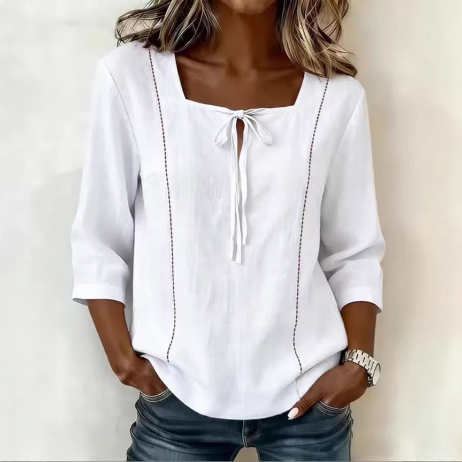 Women's Square Neck Tie Front Linen Blend Blouse 3/4 Sleeve