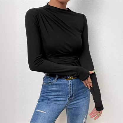 Women's Mock Neck Ruched Long Sleeve Fitted Top