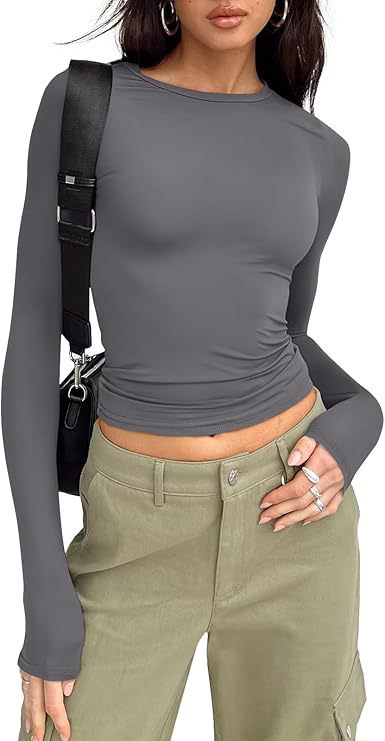 Women's Fitted Long Sleeve Crew Neck Tee Soft Stretch Basic