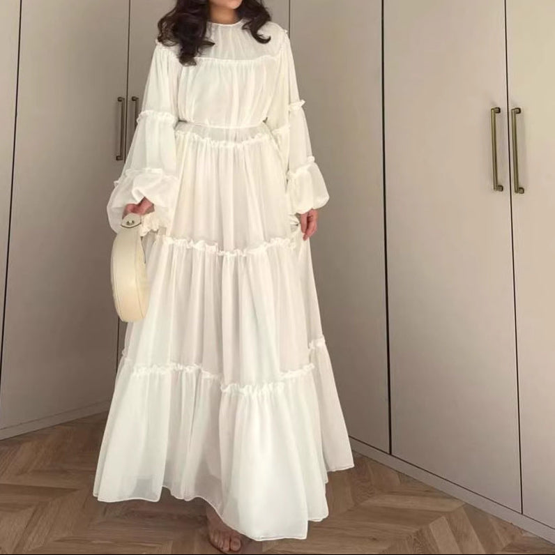 Long Puff Sleeve Tiered Maxi Dress Tie Waist