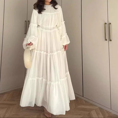 Long Puff Sleeve Tiered Maxi Dress Tie Waist