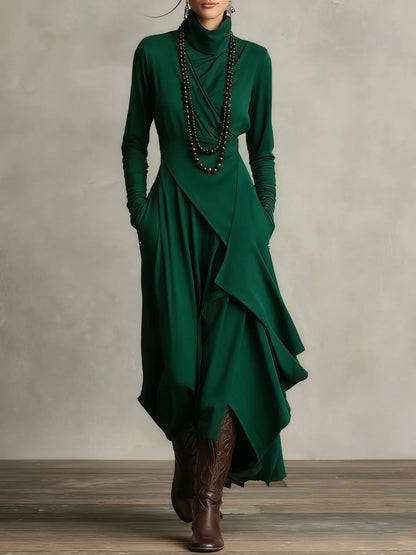 Long Sleeve Mock Neck Knit Draped Maxi Dress