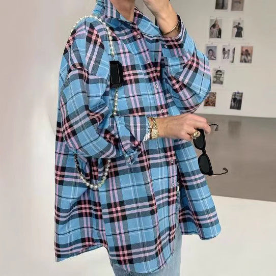 Oversized Plaid Button Down Shirt Long Sleeve Pocket