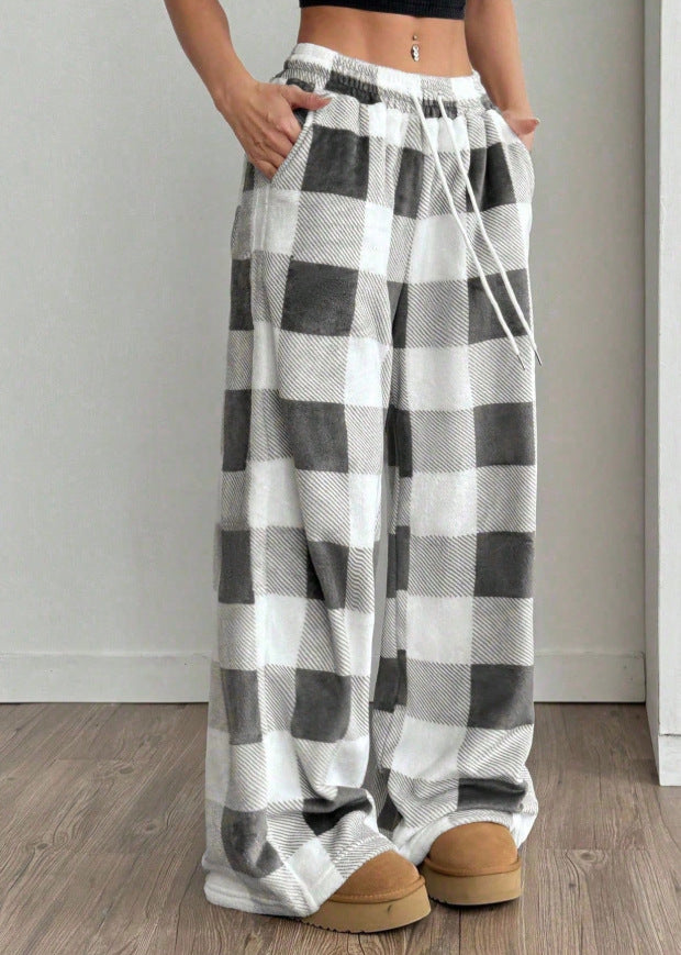 Plaid Wide Leg Capri Pants Elastic Waist Lounge