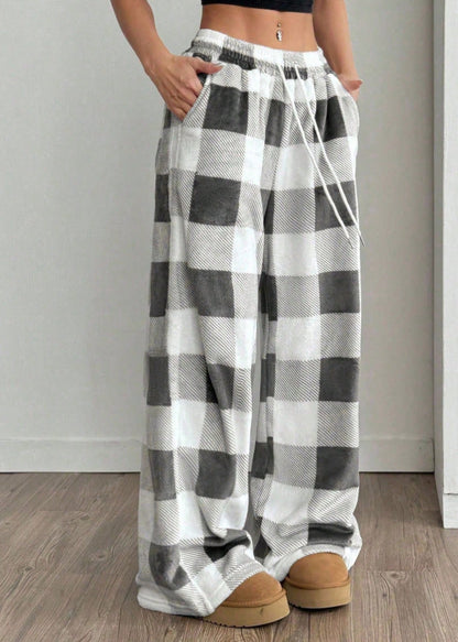 Plaid Wide Leg Capri Pants Elastic Waist Lounge