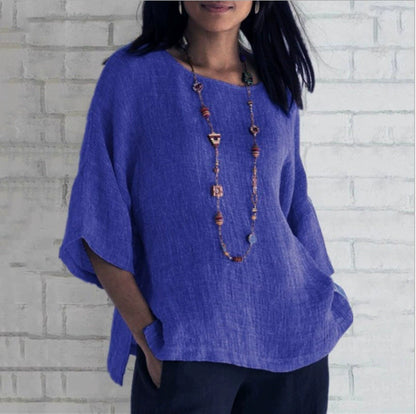 Women Cotton Linen 3/4 Sleeve Round Neck Plus Size Blouse