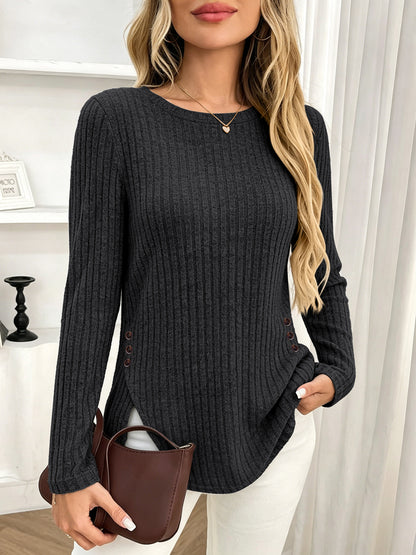 Ribbed Brushed Knit Button Side Long Sleeve Top