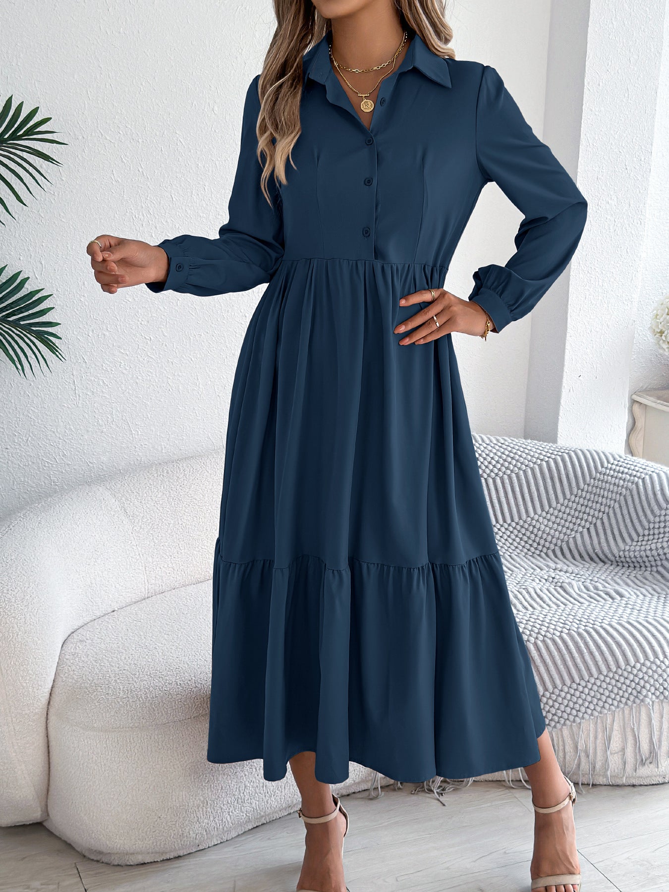 Collared Long Sleeve Tiered Shirt Dress