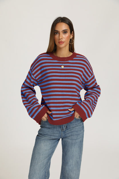 Striped Knit Sweater Crew Neck Pullover Oversized Top