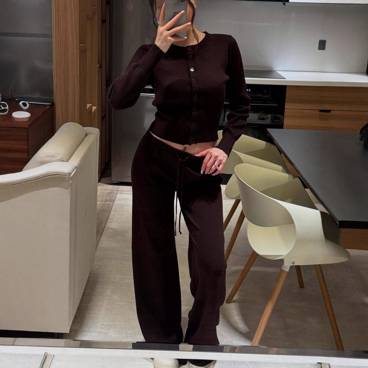 Women's Two Piece Ribbed Knit Cardigan Wide Leg Pants Set