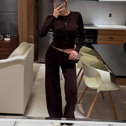 Women's Two Piece Ribbed Knit Cardigan Wide Leg Pants Set