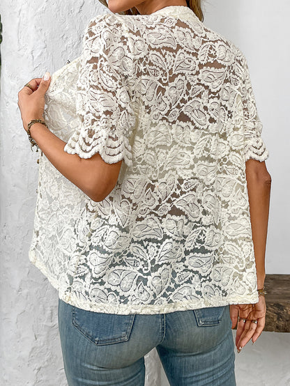 Women's Floral Lace Short Sleeve Button Up Blouse