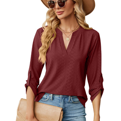 Womens V Neck 3/4 Sleeve Button Loose Tunic Top
