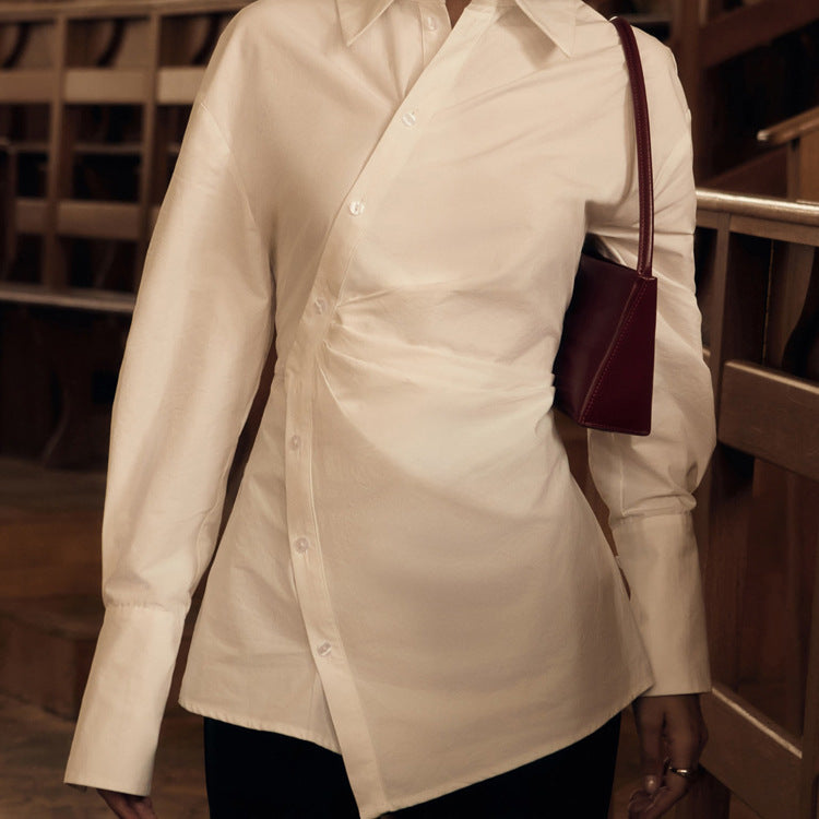 White Cotton Cinched Waist Asymmetric Button Down Shirt