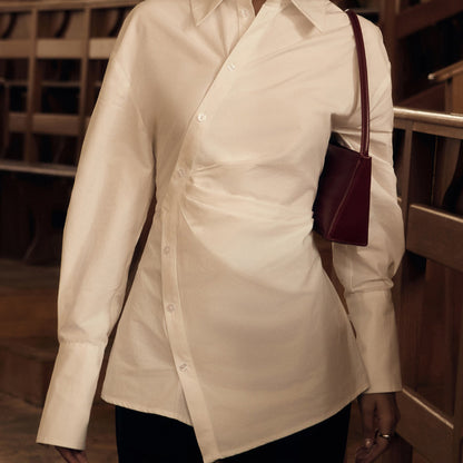 White Cotton Cinched Waist Asymmetric Button Down Shirt