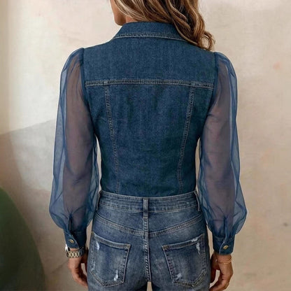 Women's Denim Shirt Sheer Long Sleeve Button Down