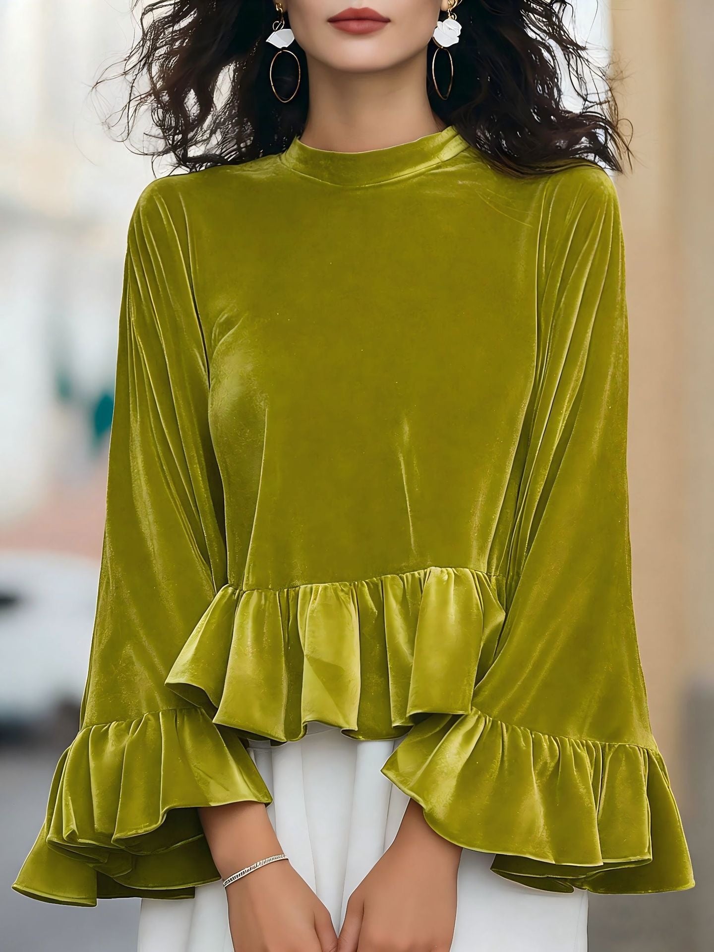 Women's Velvet Peplum Ruffle Long Sleeve Top