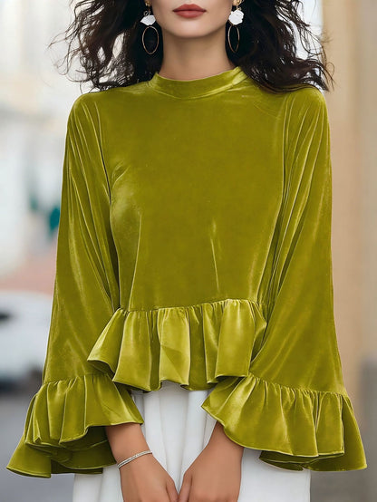 Women's Velvet Peplum Ruffle Long Sleeve Top