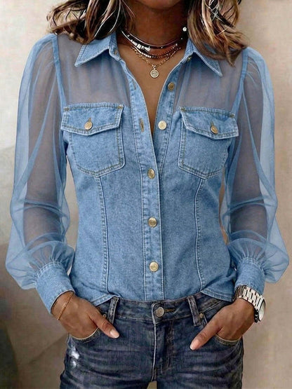 Women's Denim Shirt Sheer Long Sleeve Button Down
