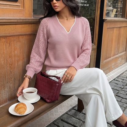 Solid Knit V Neck Sweater Contrast Trim Pointelle Sleeve