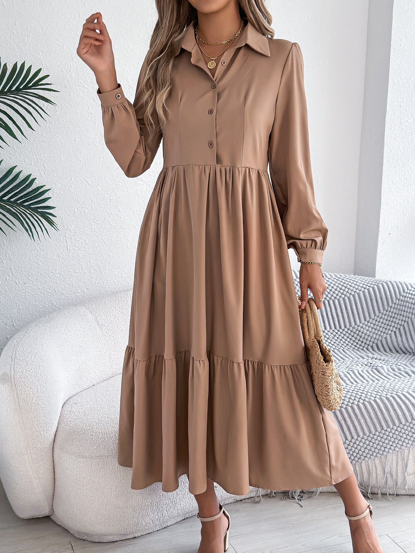 Collared Long Sleeve Tiered Shirt Dress