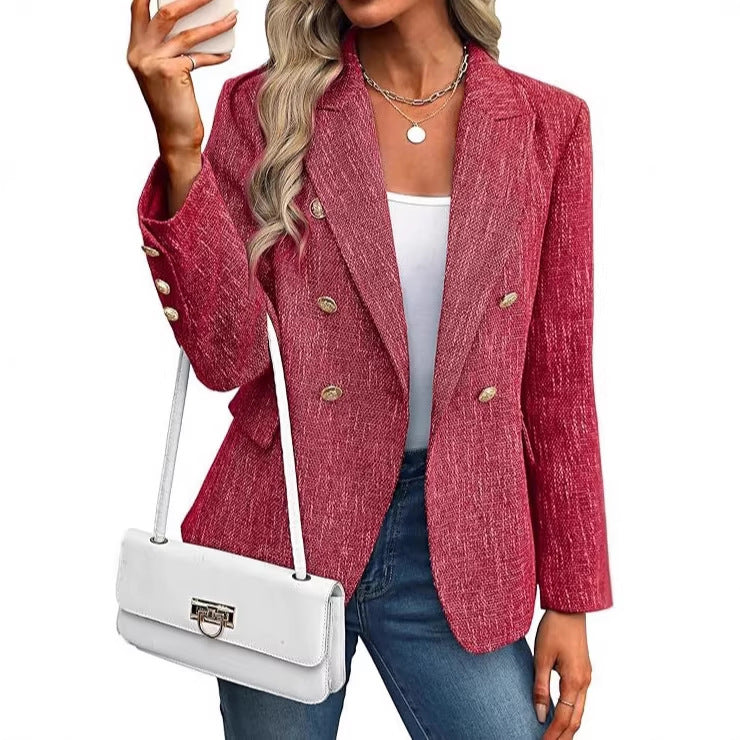 Women's Plaid Double Breasted Blazer Slim Fit Office Jacket