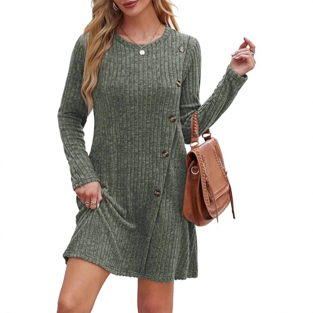 Ribbed Long Sleeve Dress with Side Buttons & Pockets