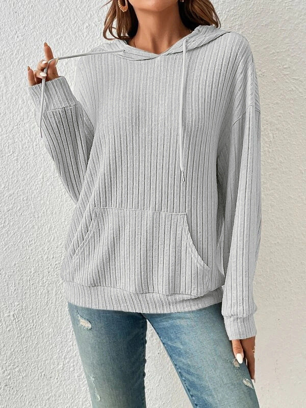 Cozy Ribbed Knit Hoodie with Kangaroo Pocket