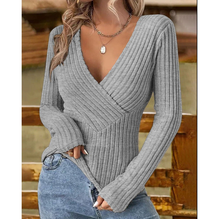 Women's Ribbed Deep V-Neck Long Sleeve Fitted Top
