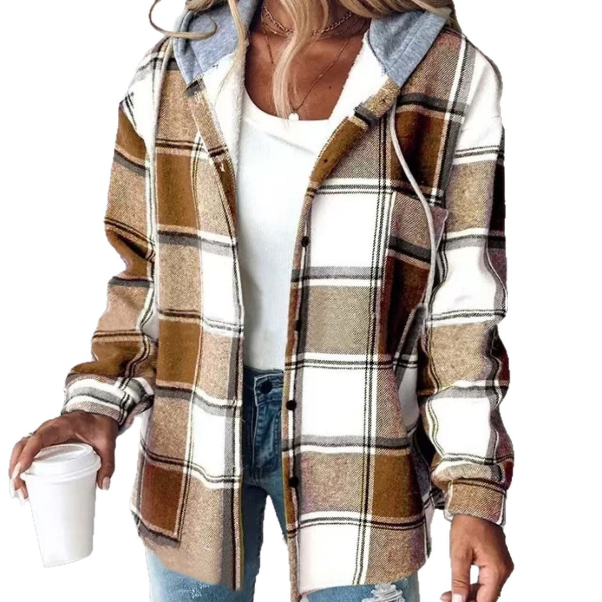 Women's Hooded Plaid Shacket Jacket