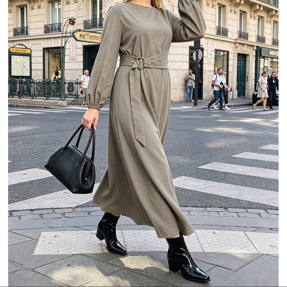 Plus Size Belted Long Sleeve Midi Dress